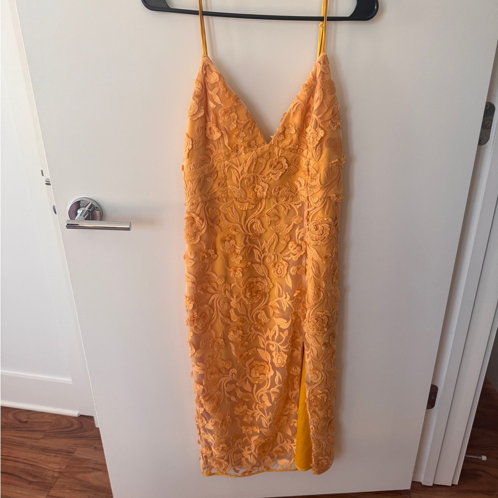 Lovers + Friends Floral Lace Midi Dress in Orange